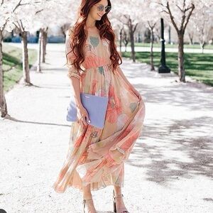 NEW Chicwish Spring Scenery Floral Maxi Dress Pink Nude Women's Size XXL
